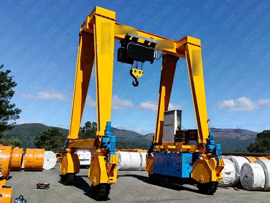 Rubber tyred gantry crane with onboard diesel generator set mounted at the sill beam