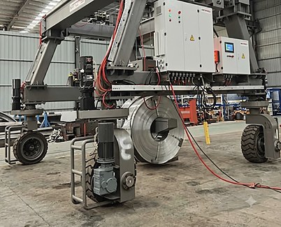C-hook RTG crane lifting a steel coil