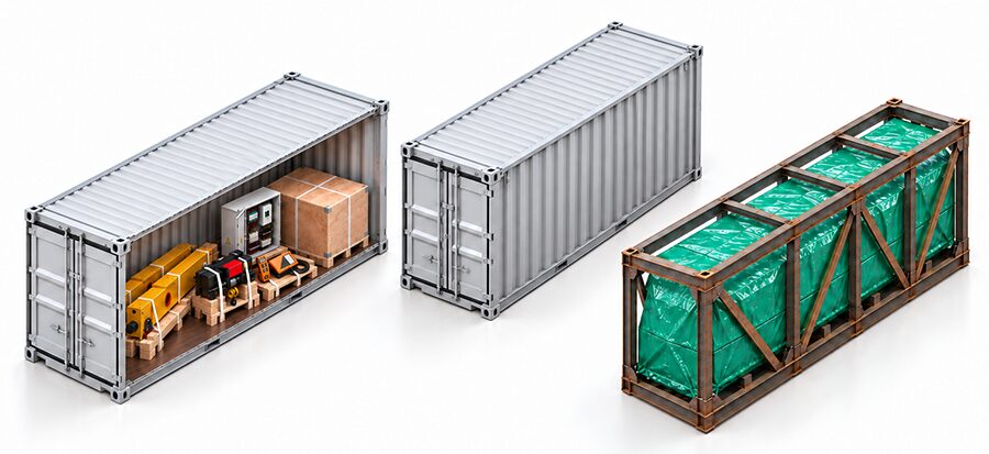 Container loading: crane kit as 3.3 m³ LCL vs complete crane with a two-section girder in one 40 ft HC