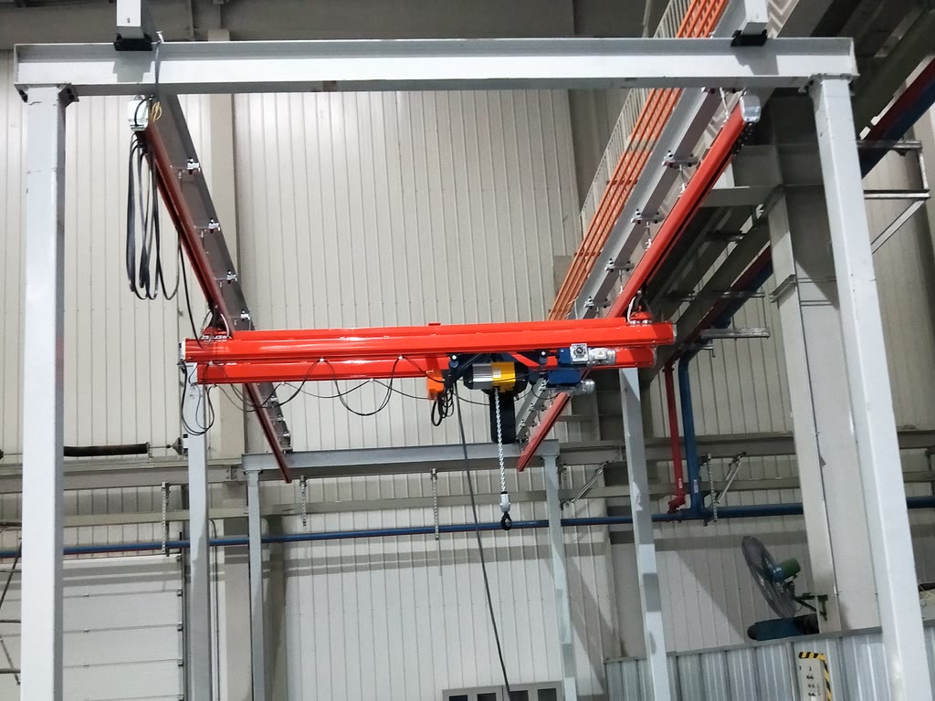 Double girder workstation crane serving a parts storage area