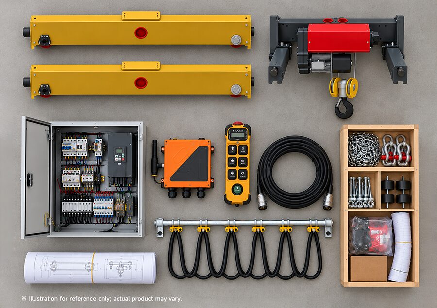 Overhead crane kit components laid out: end carriages, wire rope hoist and trolley, control cabinet, festoon system and remote control